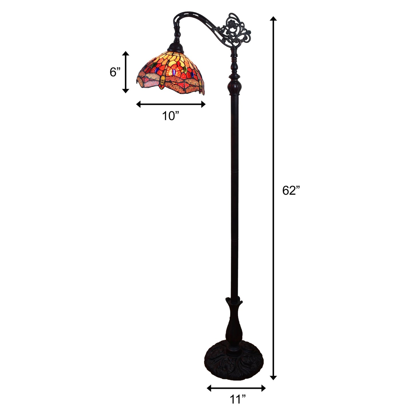 61" Brown Traditional Shaped Floor Lamp With Red Yellow And Brown Stained Glass Dome Shade