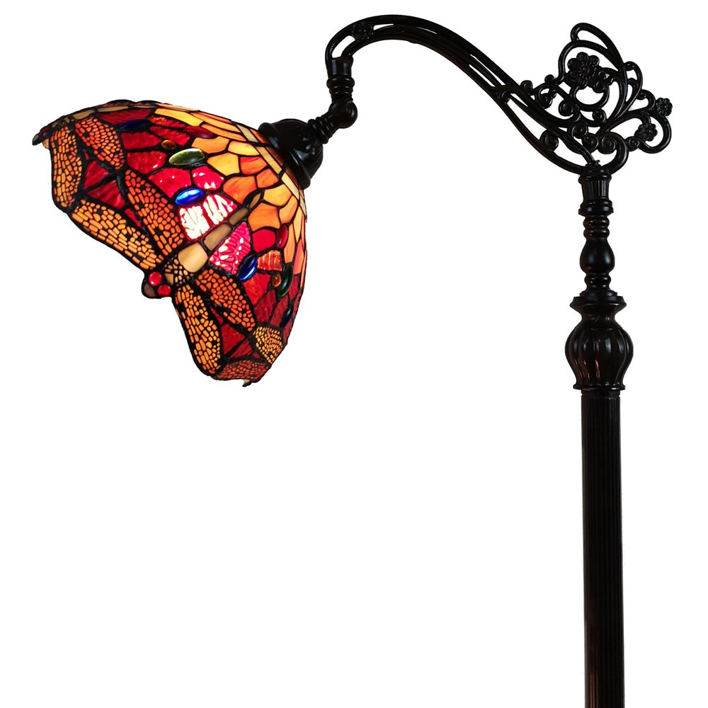 61" Black And Red Torchiere Floor Lamp With Red Dragonfly Glass Dome Shade HomeRoots