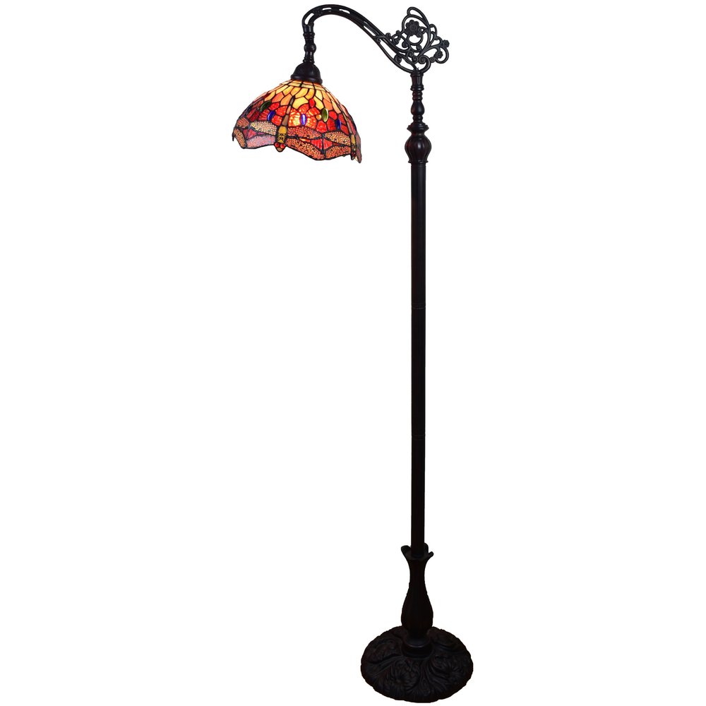 61" Black And Red Torchiere Floor Lamp With Red Dragonfly Glass Dome Shade HomeRoots