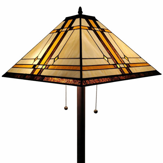 62" Brown And White Two Light Floor Lamp With Brown And White Glass Cone Shade