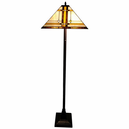 62" Brown Two Lights Traditional Shaped Floor Lamp With Brown And White Stained Glass Cone Shade