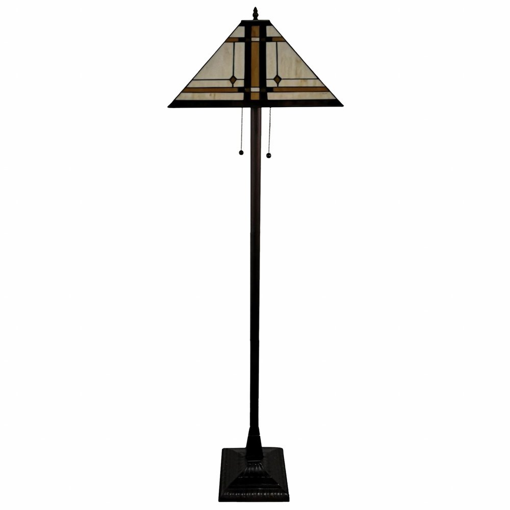 62" Brown And White Two Light Floor Lamp With Brown And White Glass Cone Shade HomeRoots