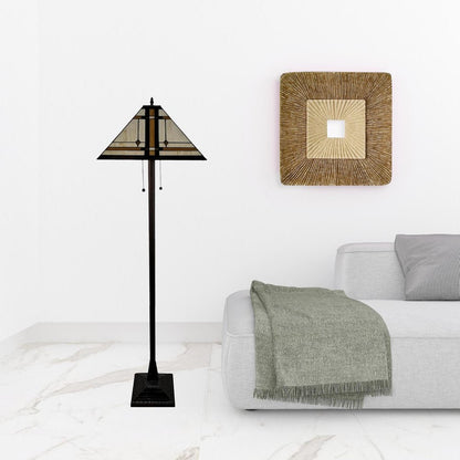 62" Brown And White Two Light Floor Lamp With Brown And White Glass Cone Shade HomeRoots