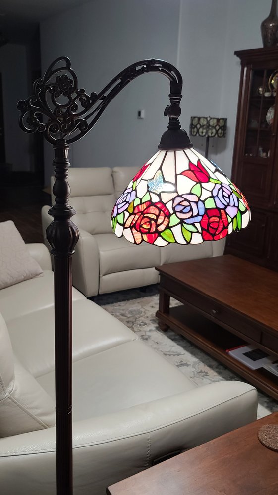 62" Espresso Metal Torchiere Floor Lamp With Green And White Flowers Glass Dome Shade HomeRoots