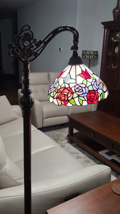62" Espresso Metal Torchiere Floor Lamp With Green And White Flowers Glass Dome Shade HomeRoots