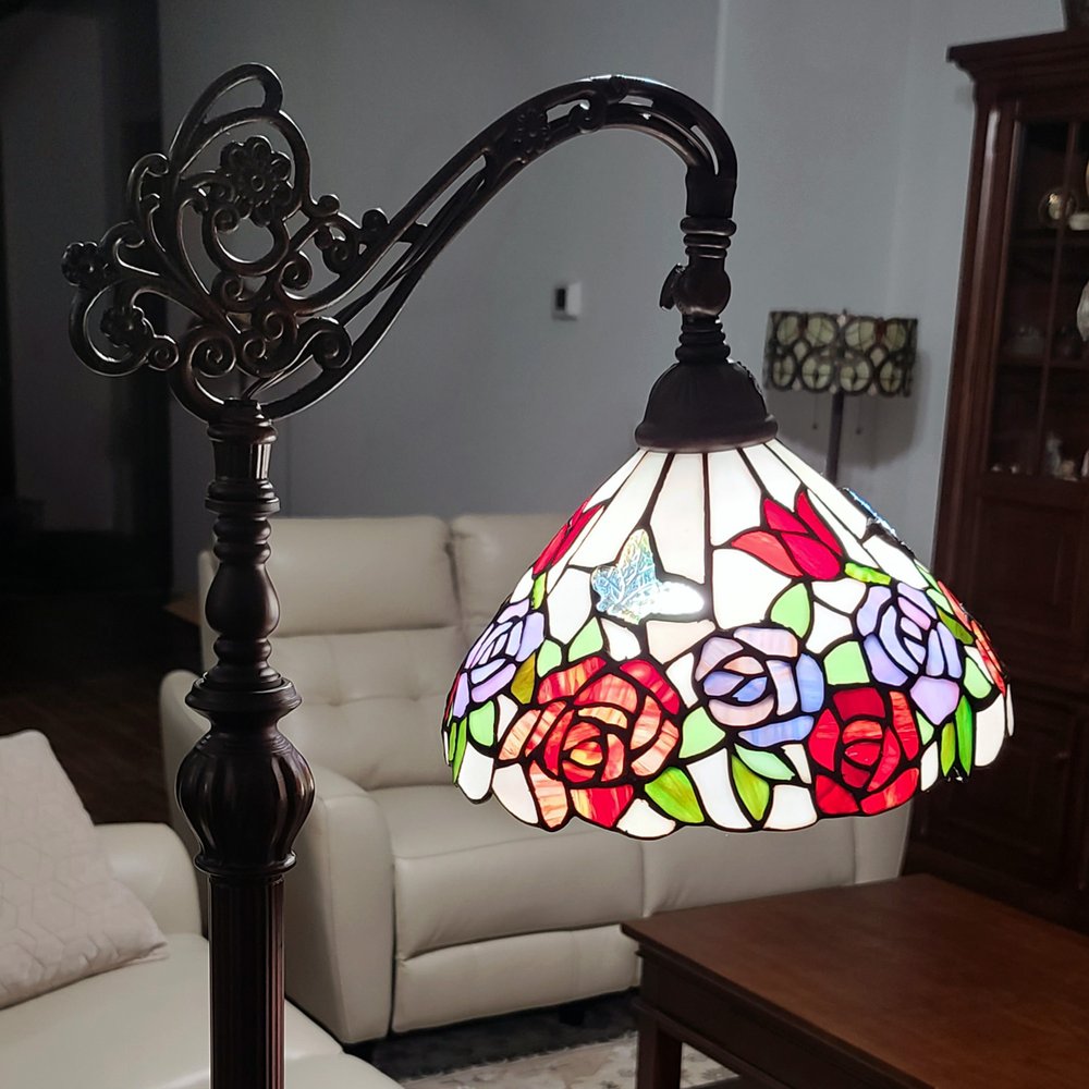 62" Espresso Metal Torchiere Floor Lamp With Green And White Flowers Glass Dome Shade HomeRoots
