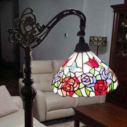 62" Espresso Metal Torchiere Floor Lamp With Green And White Flowers Glass Dome Shade HomeRoots