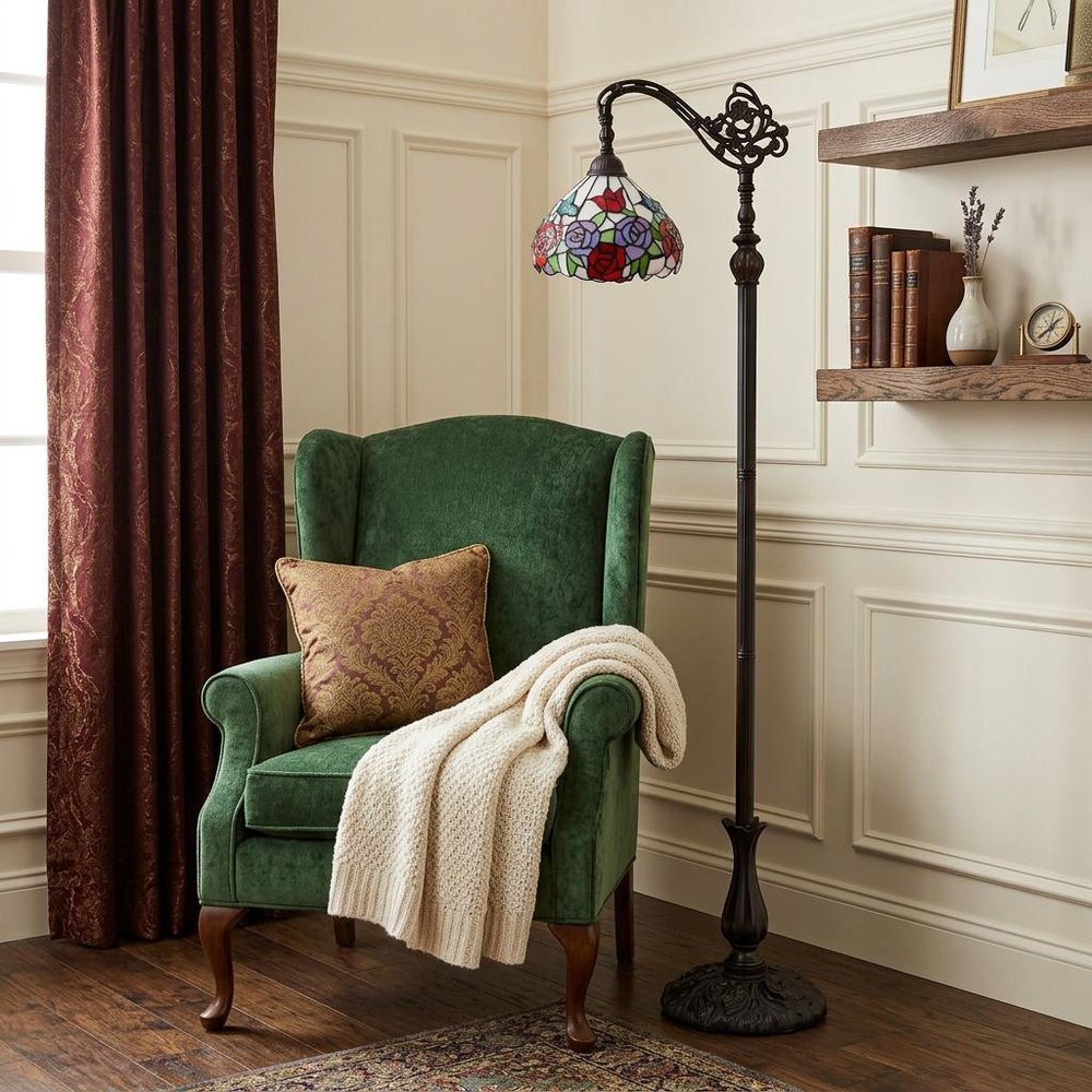62" Espresso Metal Torchiere Floor Lamp With Green And White Flowers Glass Dome Shade HomeRoots