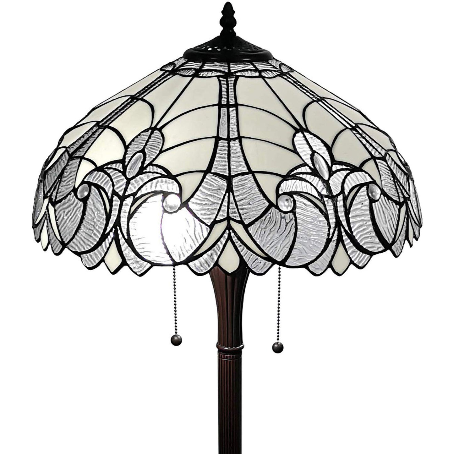 62" Brown Two Light Torchiere Floor Lamp With White Fleur De Lis Stained Glass Dome Shade