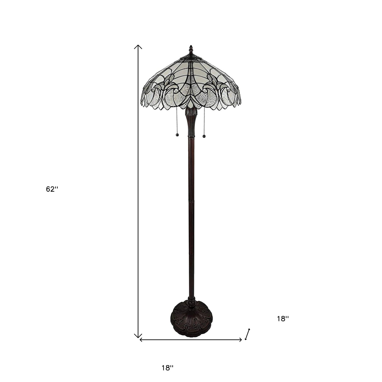 62" Brown Two Light Torchiere Floor Lamp With White Fleur De Lis Stained Glass Dome Shade