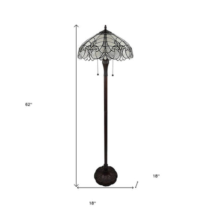 62" Dark Brown Two Light Torchiere Floor Lamp With White Fleur de Lis Glass Dome Shade HomeRoots