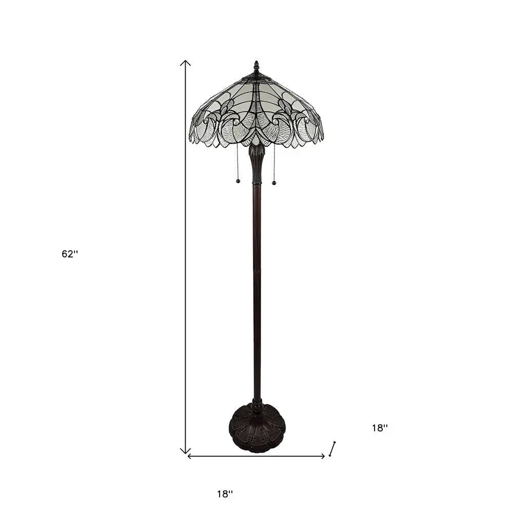 62" Dark Brown Two Light Torchiere Floor Lamp With White Fleur de Lis Glass Dome Shade HomeRoots