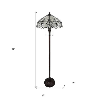 62" Dark Brown Two Light Torchiere Floor Lamp With White Fleur de Lis Glass Dome Shade HomeRoots
