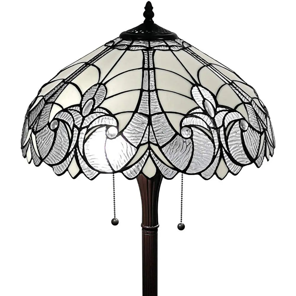 62" Dark Brown Two Light Torchiere Floor Lamp With White Fleur de Lis Glass Dome Shade HomeRoots
