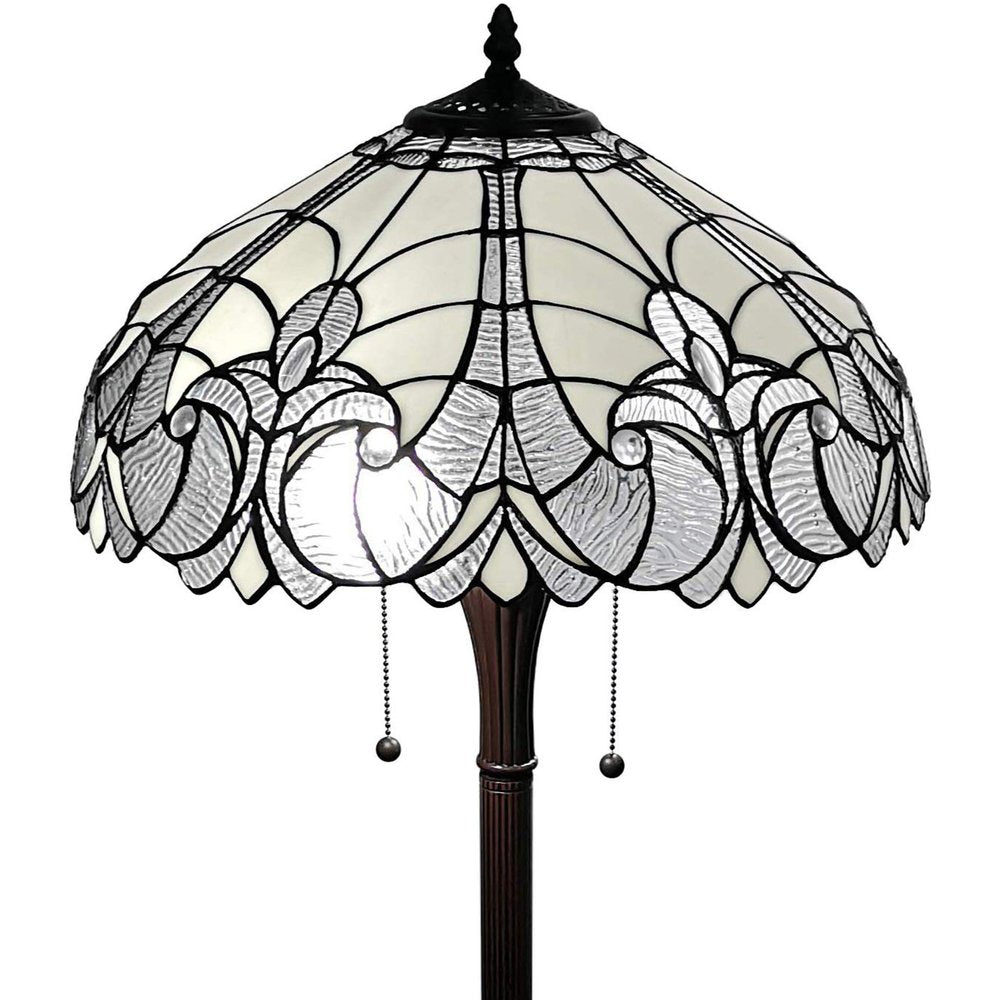 62" Dark Brown Two Light Torchiere Floor Lamp With White Fleur de Lis Glass Dome Shade HomeRoots