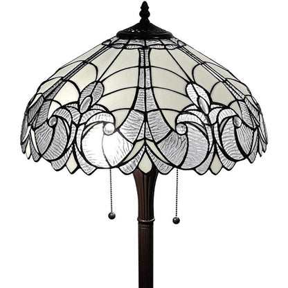62" Dark Brown Two Light Torchiere Floor Lamp With White Fleur de Lis Glass Dome Shade HomeRoots