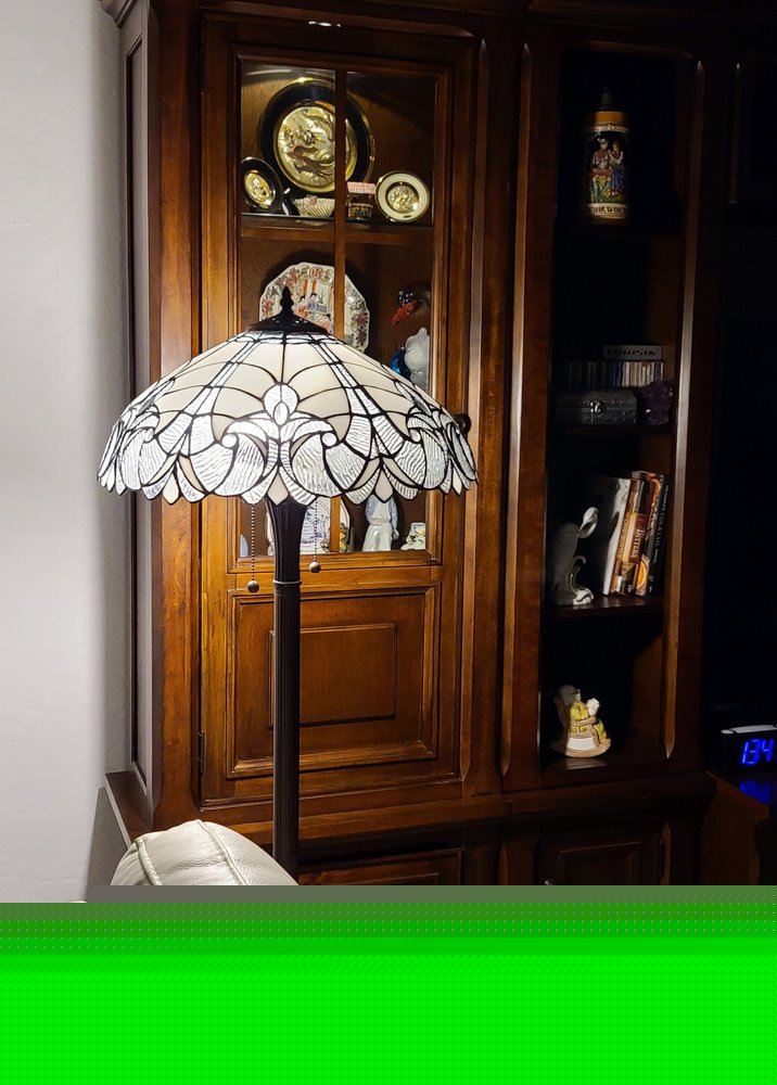 62" Dark Brown Two Light Torchiere Floor Lamp With White Fleur de Lis Glass Dome Shade HomeRoots