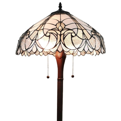 62" Dark Brown Two Light Torchiere Floor Lamp With White Fleur de Lis Glass Dome Shade HomeRoots