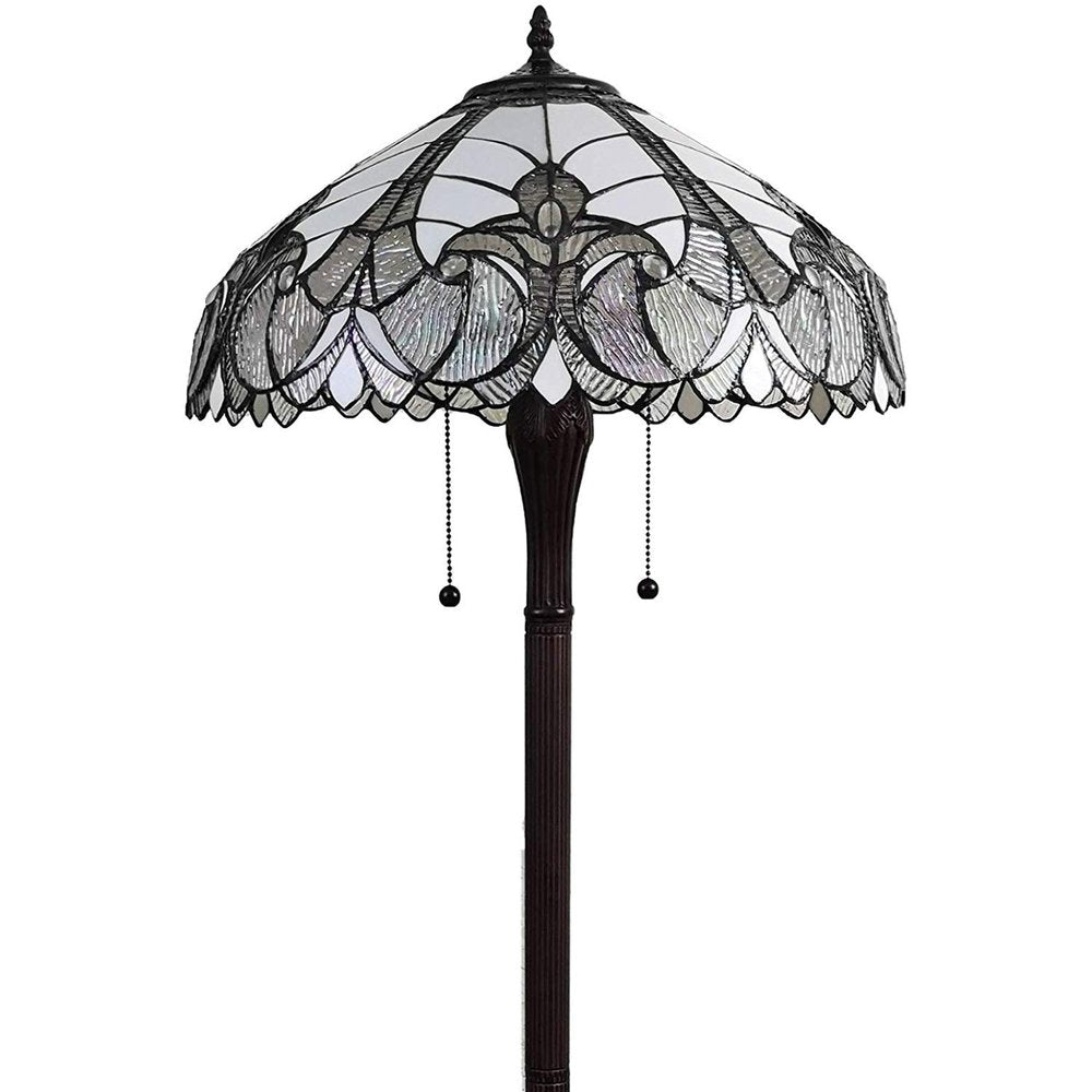 62" Dark Brown Two Light Torchiere Floor Lamp With White Fleur de Lis Glass Dome Shade HomeRoots