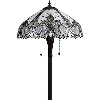 62" Dark Brown Two Light Torchiere Floor Lamp With White Fleur de Lis Glass Dome Shade