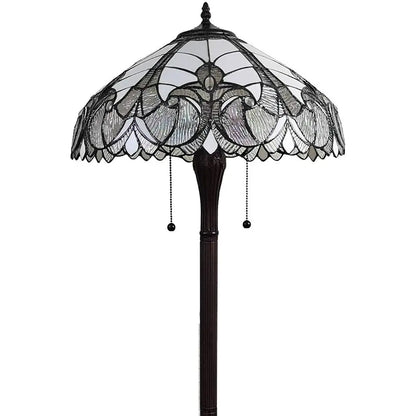 62" Dark Brown Two Light Torchiere Floor Lamp With White Fleur de Lis Glass Dome Shade HomeRoots
