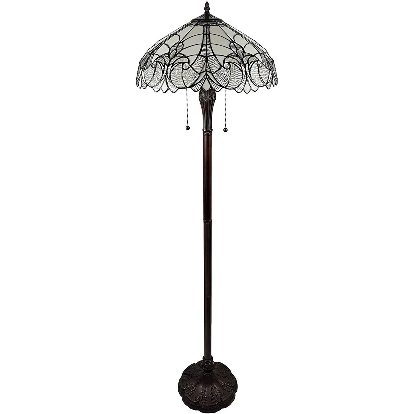 62" Brown Two Light Torchiere Floor Lamp With White Fleur De Lis Stained Glass Dome Shade