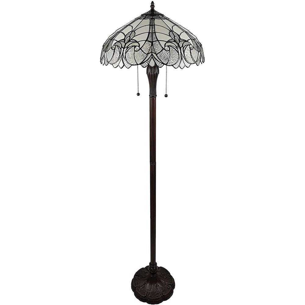 62" Dark Brown Two Light Torchiere Floor Lamp With White Fleur de Lis Glass Dome Shade HomeRoots