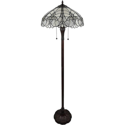62" Dark Brown Two Light Torchiere Floor Lamp With White Fleur de Lis Glass Dome Shade HomeRoots