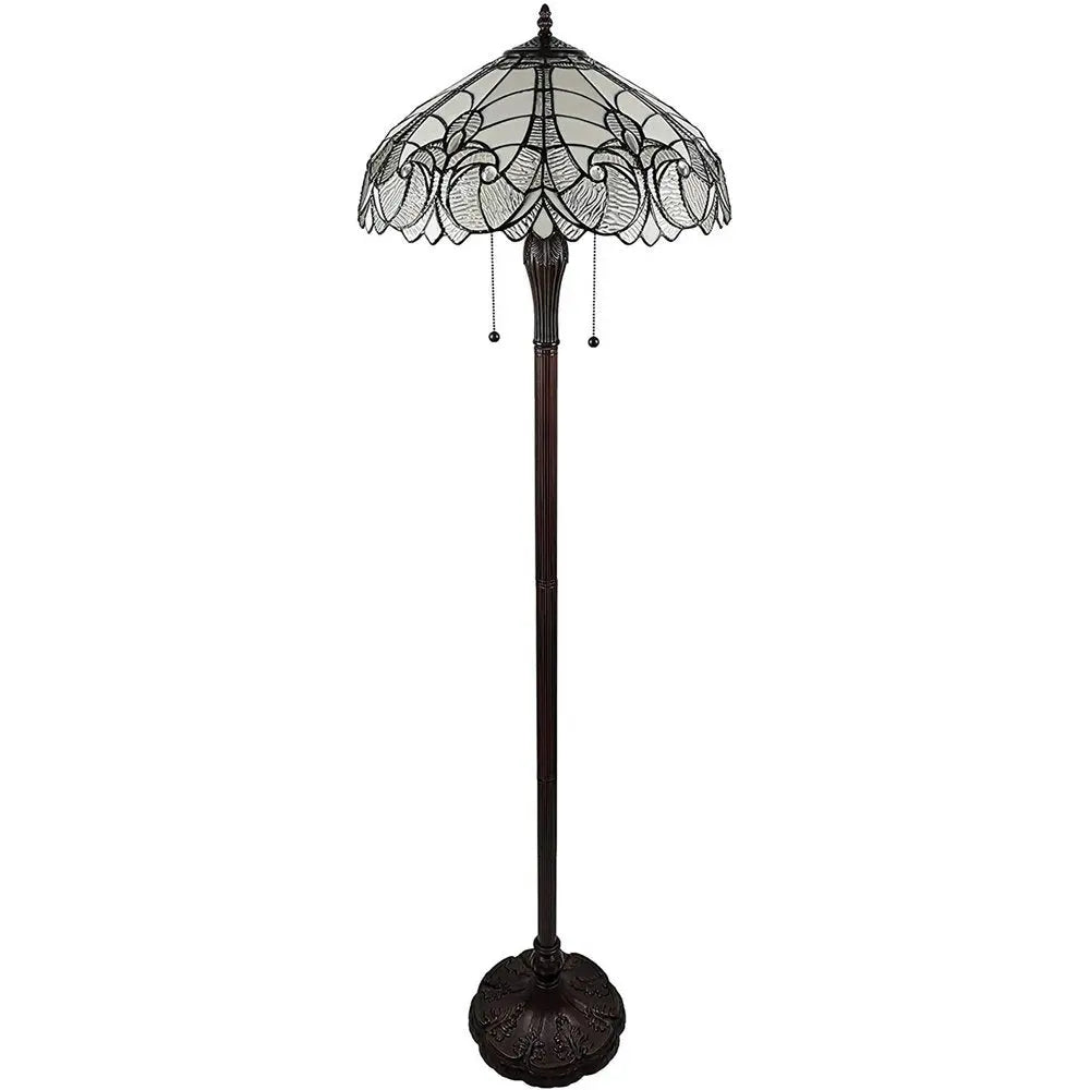 62" Dark Brown Two Light Torchiere Floor Lamp With White Fleur de Lis Glass Dome Shade HomeRoots