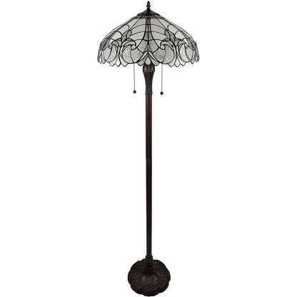 62" Dark Brown Two Light Torchiere Floor Lamp With White Fleur de Lis Glass Dome Shade HomeRoots