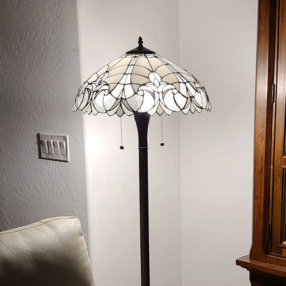 62" Dark Brown Two Light Torchiere Floor Lamp With White Fleur de Lis Glass Dome Shade HomeRoots