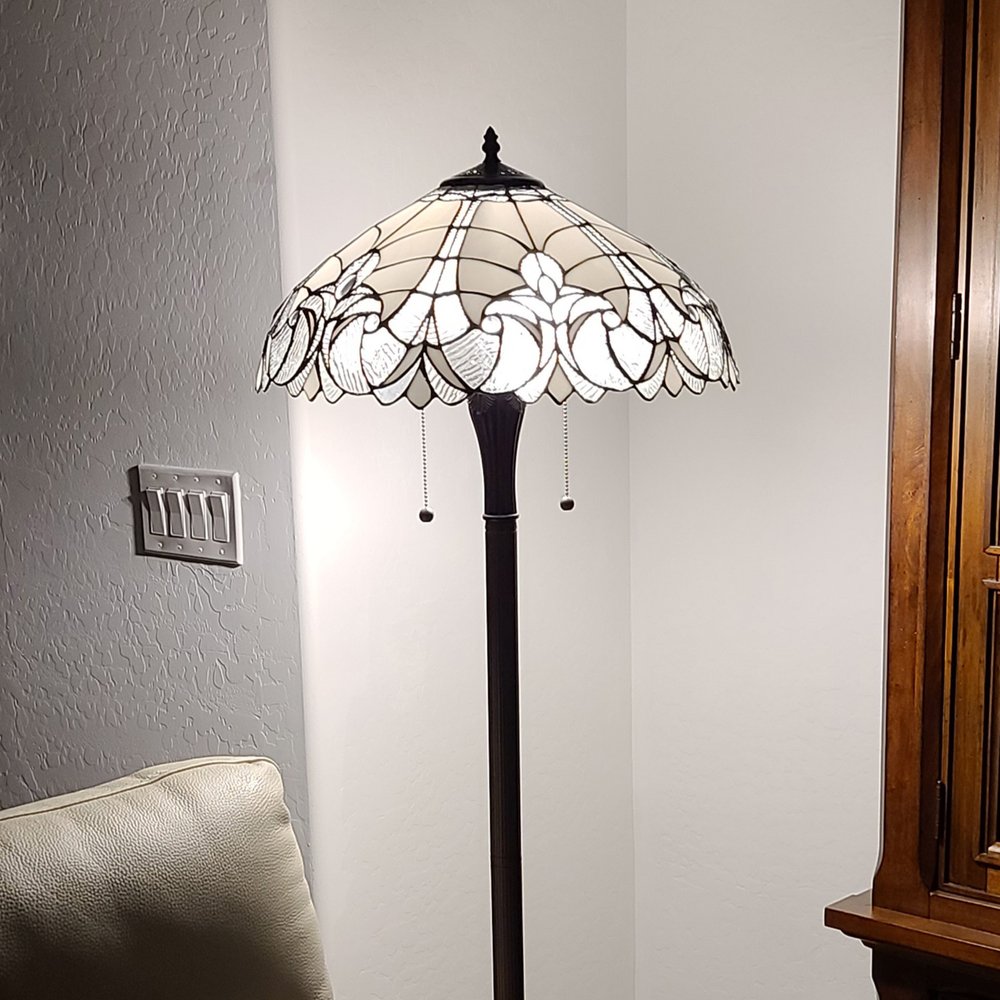 62" Dark Brown Two Light Torchiere Floor Lamp With White Fleur de Lis Glass Dome Shade HomeRoots