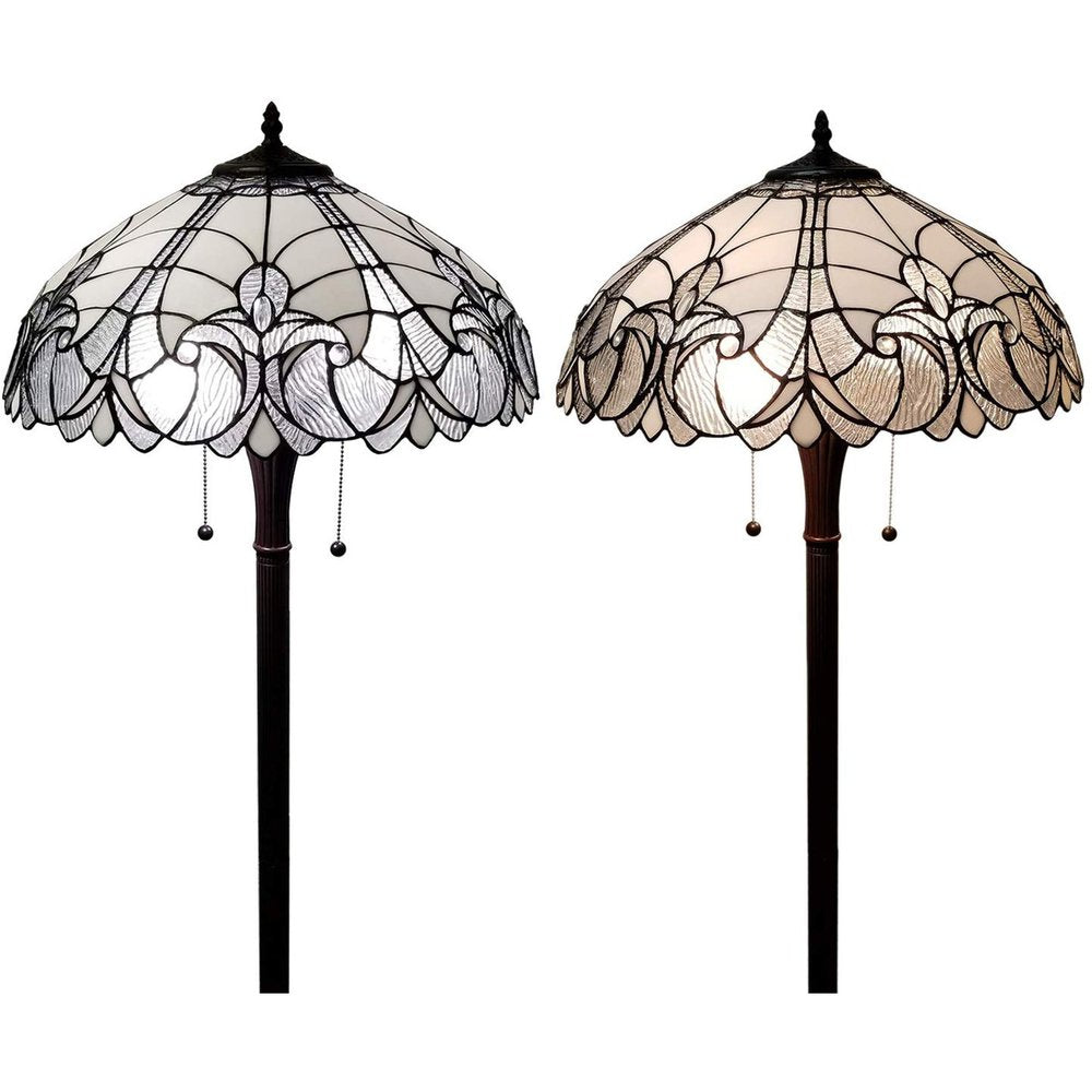 62" Dark Brown Two Light Torchiere Floor Lamp With White Fleur de Lis Glass Dome Shade HomeRoots