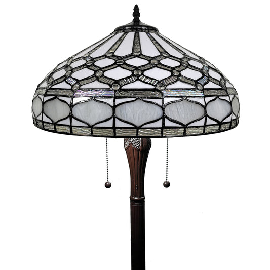 62" Brown And White Two Light Torchiere Floor Lamp With White Geometric Glass Dome Shade