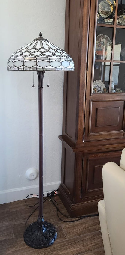 62" Brown And White Two Light Torchiere Floor Lamp With White Geometric Glass Dome Shade HomeRoots