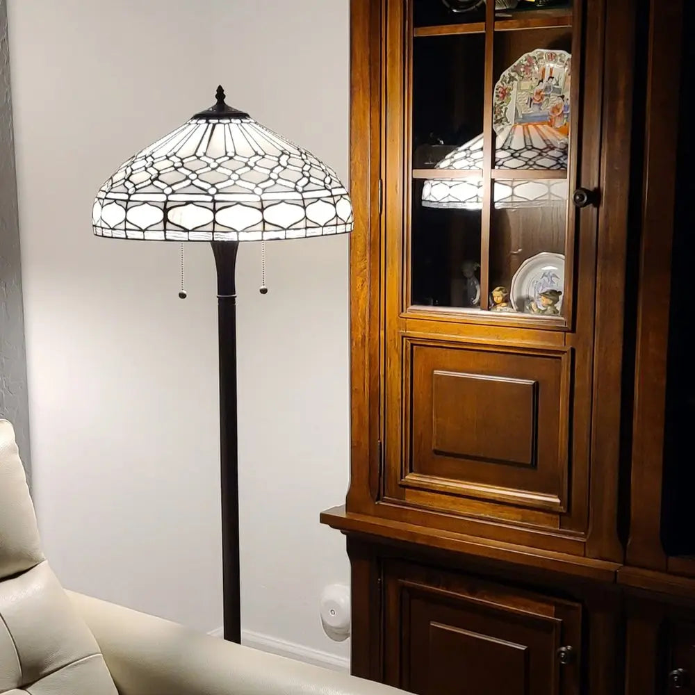 62" Brown And White Two Light Torchiere Floor Lamp With White Geometric Glass Dome Shade HomeRoots