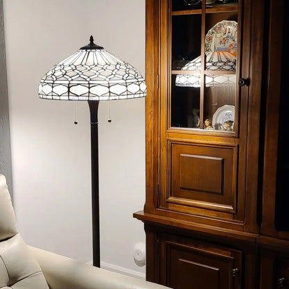 62" Brown And White Two Light Torchiere Floor Lamp With White Geometric Glass Dome Shade HomeRoots