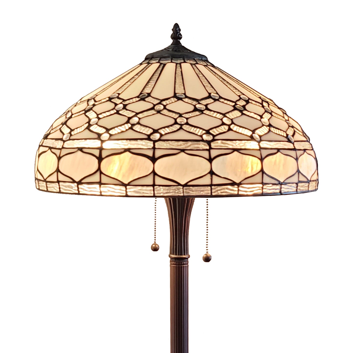 62" Brown Two Light Traditional Shaped Floor Lamp With White Stained Glass Bowl Shade