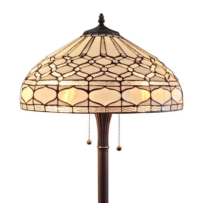 62" Brown And White Two Light Torchiere Floor Lamp With White Geometric Glass Dome Shade HomeRoots
