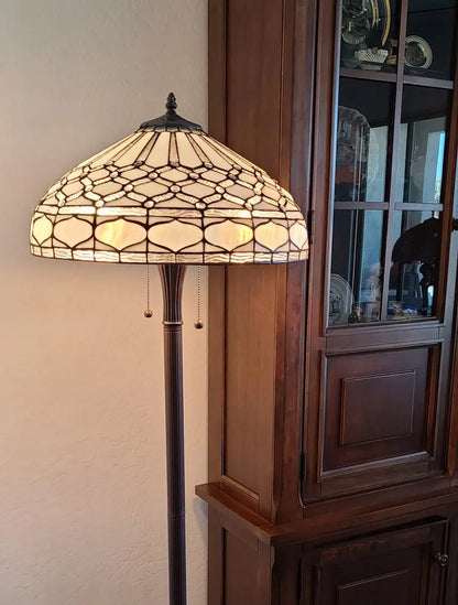 62" Brown And White Two Light Torchiere Floor Lamp With White Geometric Glass Dome Shade HomeRoots