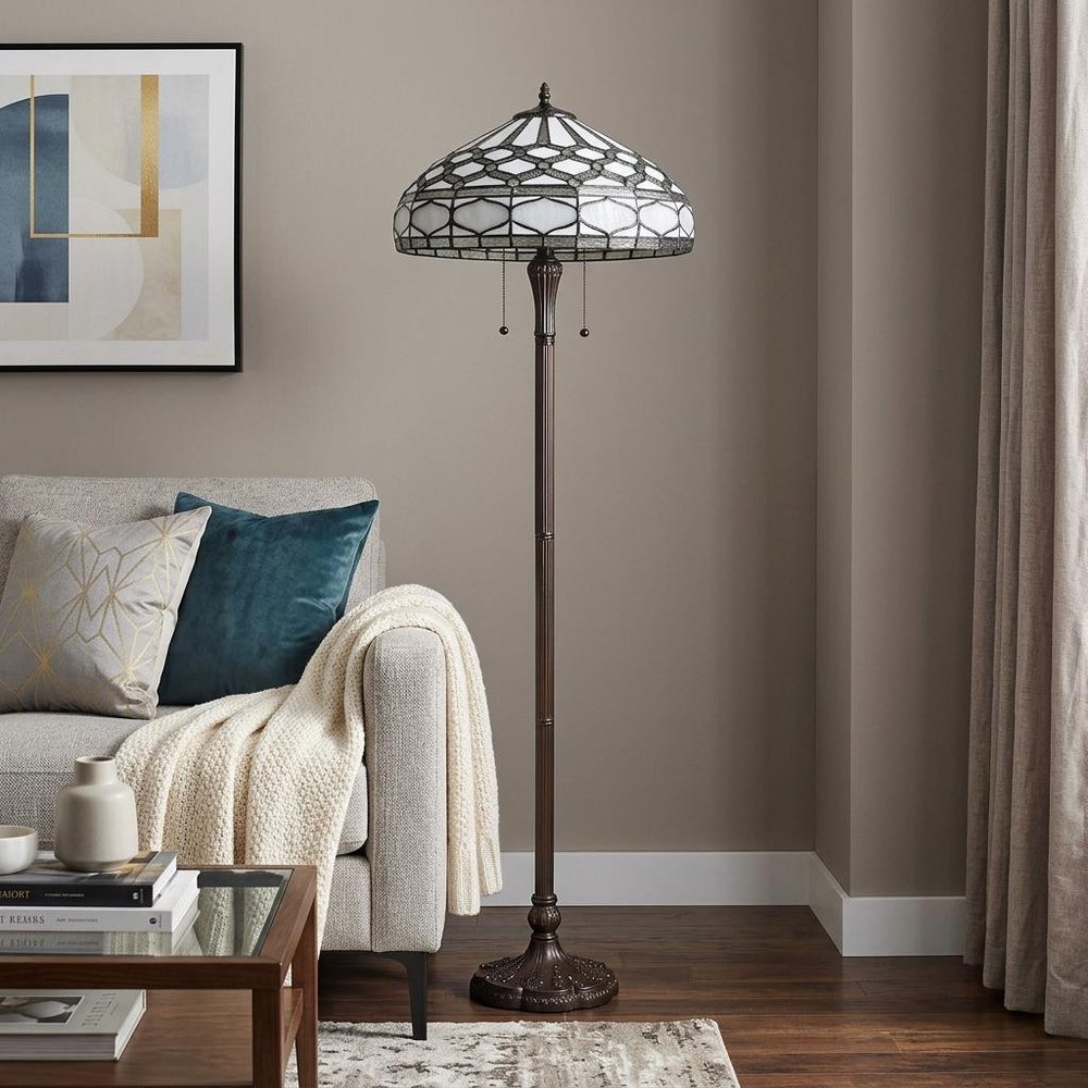 62" Brown And White Two Light Torchiere Floor Lamp With White Geometric Glass Dome Shade HomeRoots