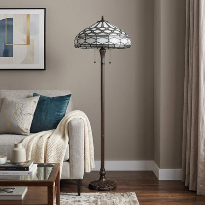 62" Brown And White Two Light Torchiere Floor Lamp With White Geometric Glass Dome Shade HomeRoots