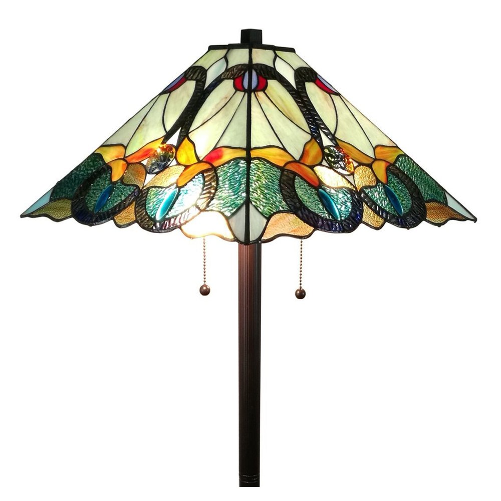 62" Espresso Two Light Torchiere Floor Lamp With Blue Flowers Glass Cone Shade HomeRoots