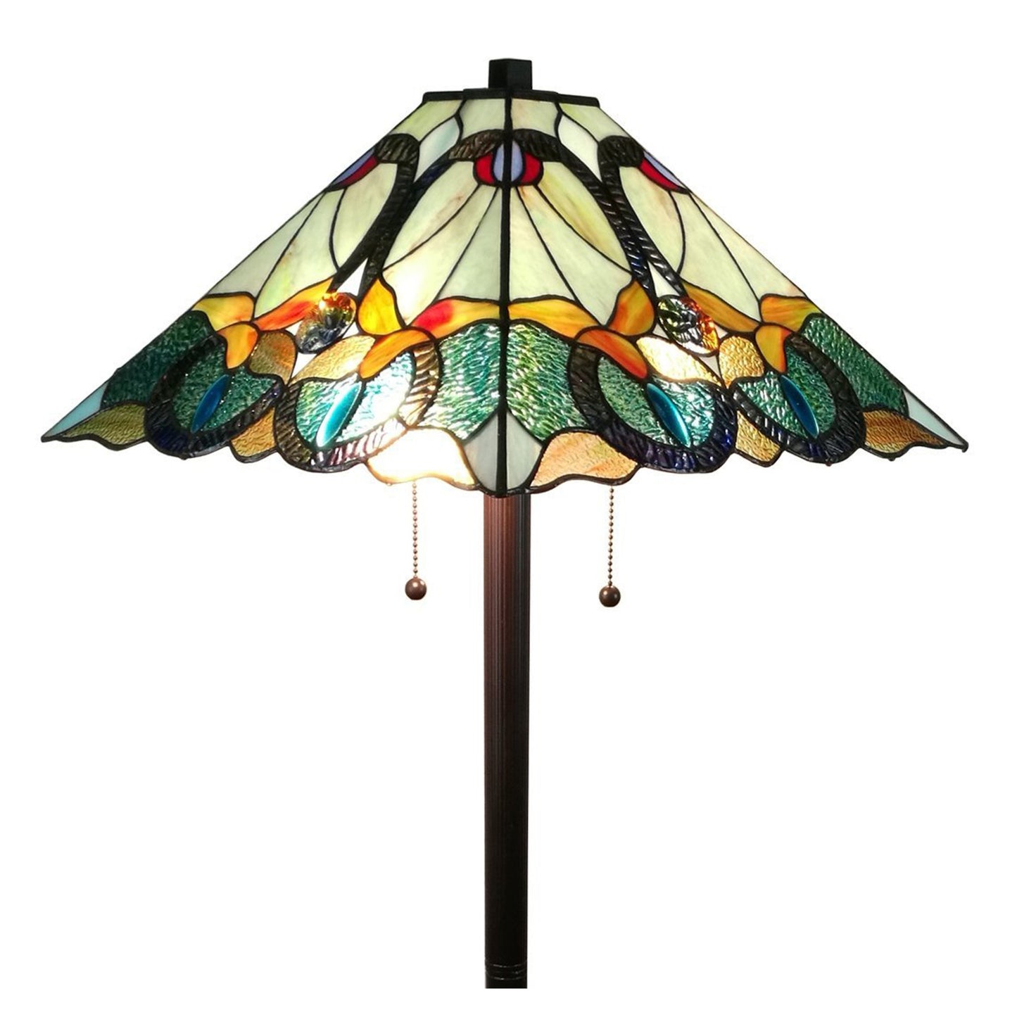 62" Brown Two Light Traditional Shaped Floor Lamp With Brown And Blue Stained Glass Cone Shade