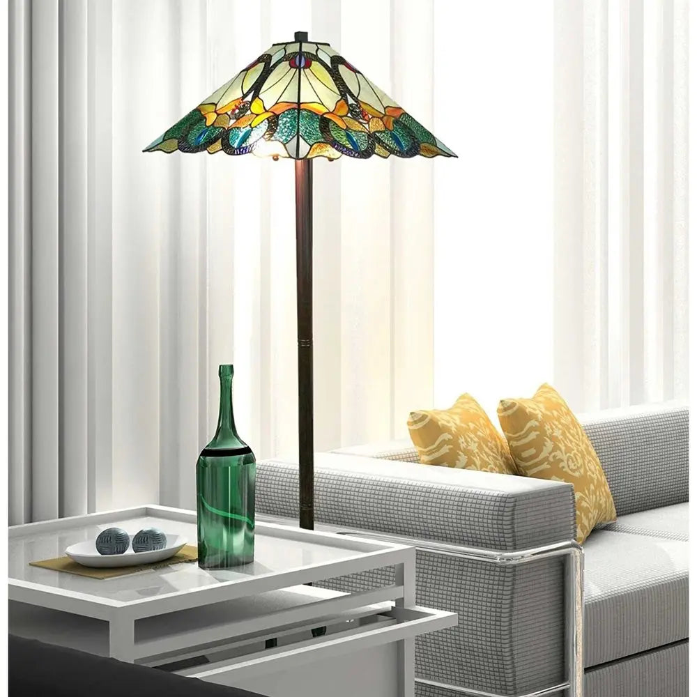 62" Espresso Two Light Torchiere Floor Lamp With Blue Flowers Glass Cone Shade HomeRoots