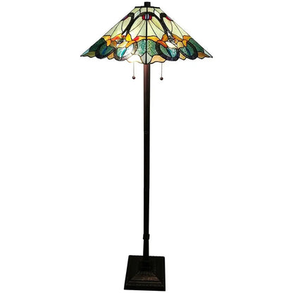 62" Espresso Two Light Torchiere Floor Lamp With Blue Flowers Glass Cone Shade HomeRoots