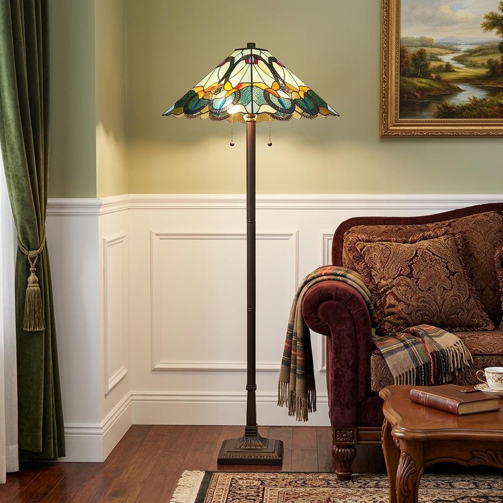 62" Espresso Two Light Torchiere Floor Lamp With Blue Flowers Glass Cone Shade HomeRoots