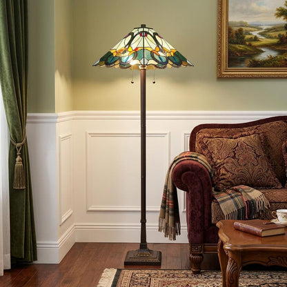 62" Espresso Two Light Torchiere Floor Lamp With Blue Flowers Glass Cone Shade HomeRoots