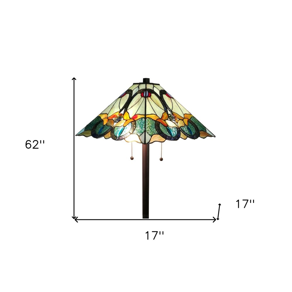 62" Espresso Two Light Torchiere Floor Lamp With Blue Flowers Glass Cone Shade HomeRoots