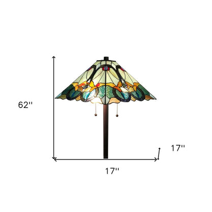 62" Espresso Two Light Torchiere Floor Lamp With Blue Flowers Glass Cone Shade HomeRoots